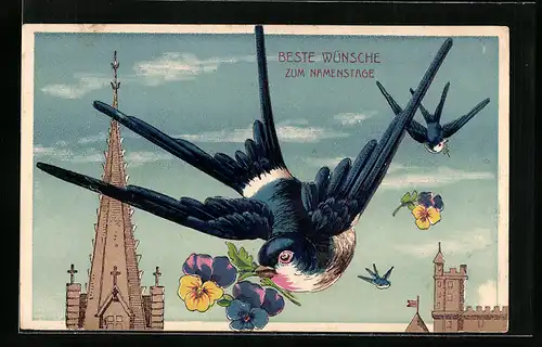 Präge-AK Schwalbe mit Blumengruss