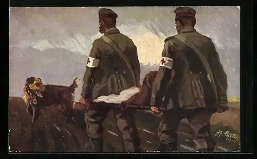 Künstler-AK Von Sanitätshund gefundener Schwerverwundeter wird ins Feldlazarett gebracht