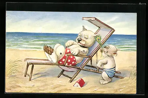 AK Bonzo sonnt sich am Meer und erhält Kühlung durch kleinen Gefährten mit Pfauenfeder