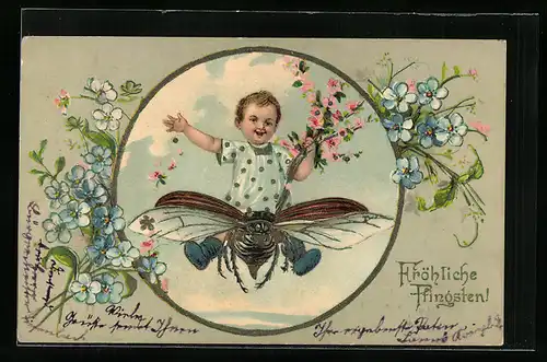 Präge-Lithographie Kind auf dem Rücken eines fliegenden Maikäfers, Pfingstgruss