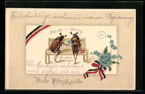 AK Zwei Maikäfer beim Stelldichein mit Veilchen, National-Banderole, Pfingstgruss