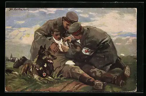 Künstler-AK Sanitätshund & deutsche Rot-Kreuz Sanitäter versorgen verwundeten Soldat
