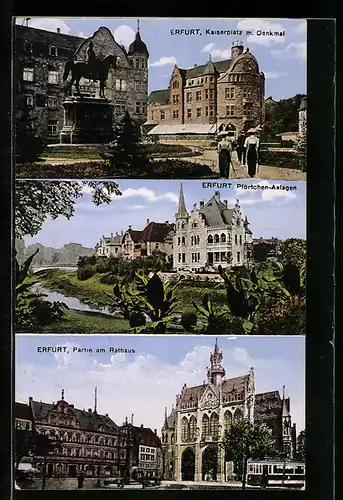 AK Erfurt, Kaiserplatz mit Denkmal, Partie am Rathaus