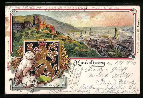 Lithographie Heidelberg, Generalansicht mit Schlossruine und Wappen der Wissenschaft