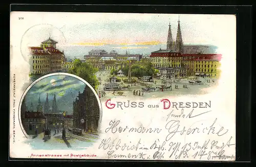 Lithographie Dresden, Annenstrasse mit Postgebäude