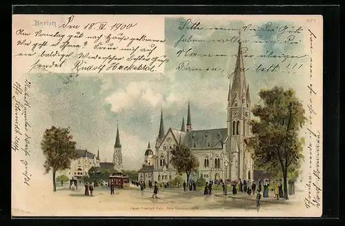 Lithographie Berlin-Kreuzberg, Kaiser Friedrich Platz u. neue Garnisonkirche