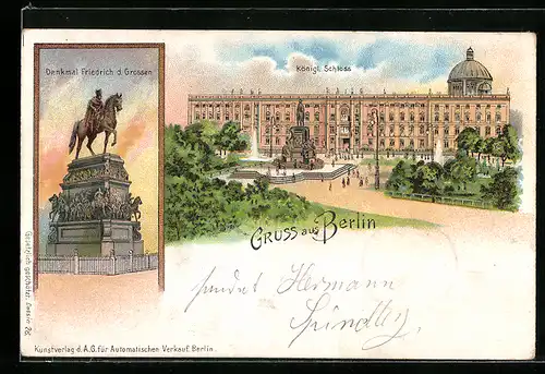 Lithographie Berlin, Blick zum Schloss & Denkmal Friedrich d. Grossen