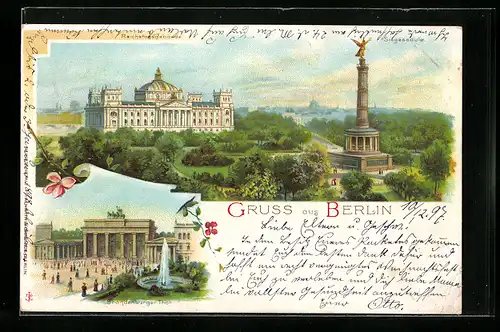 Lithographie Berlin, Reichstagsgebäude, Siegessäule, Brandenburger Thor