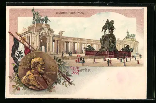 Lithographie Berlin, National-Denkmal, Portrait Wilhelm I. mit Pickelhelm