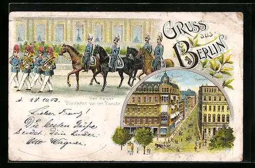 Lithographie Berlin, Der Kaiser, Rückkehr von der Parade, Cafe Bauer, Kranzler