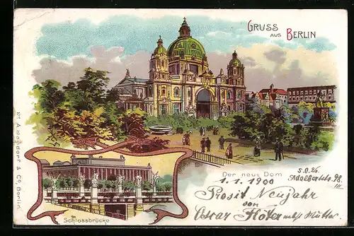 Lithographie Berlin, Schlossbrücke und der neue Dom