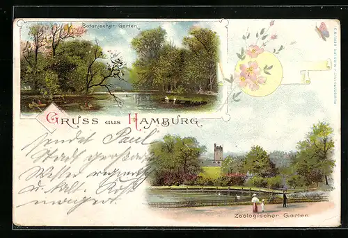 Lithographie Hamburg-St. Pauli, Zoologischer Garten, Botanischer Garten