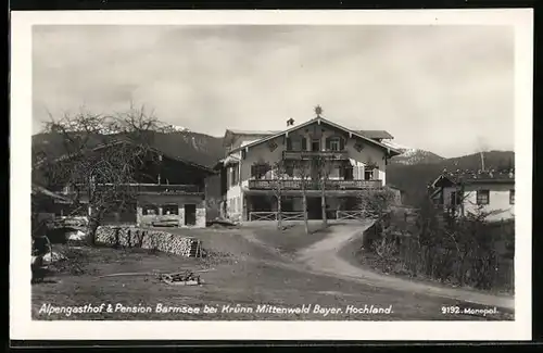 AK Barmsee b. Krünn /Mittenwald, Alpengasthof und Pension Barmsee