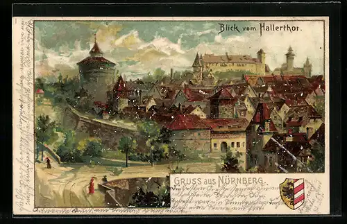 Lithographie Nürnberg, Blick vom Hallerthor, Wappen