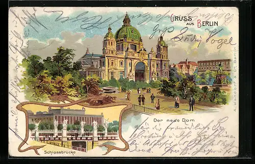Lithographie Berlin, Schlossbrücke und der neue Dom