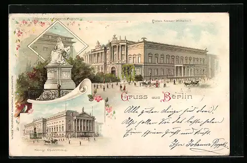 Lithographie Berlin, Palais Kaiser Wilhelm I, Denkmal d. Kaiserin Augusta, Königl. Opernhaus