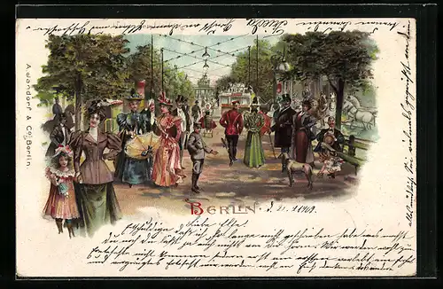 Lithographie Berlin, Unter den Linden, Strassenpartie mit Passanten