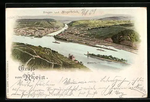 Lithographie Bingen, Teilansicht mit Bingerbrück und Mäuseturm