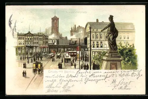 Lithographie Berlin, Denkmal auf dem Alexanderplatz, Strassenbahnen
