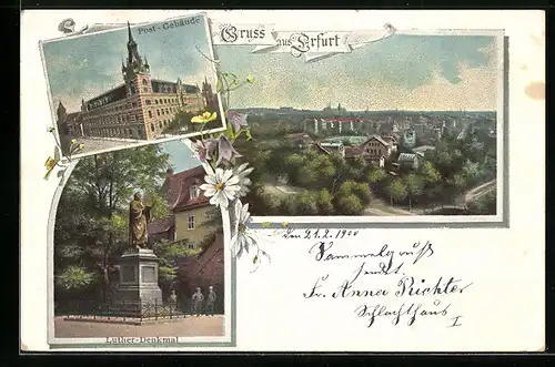 Lithographie Erfurt, Post, Luther-Denkmal, Ortsansicht