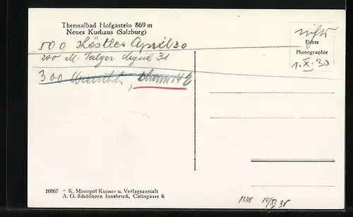 AK Hofgastein, Neues Kurhaus mit Bergblick