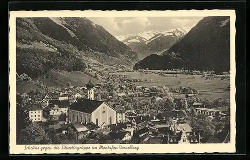 AK Schruns, Ortsansicht gegen die Silvrettagruppe im Montafon