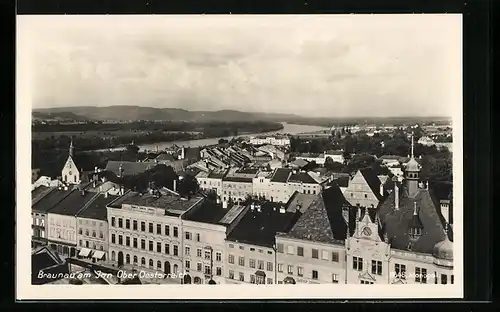 AK Braunau am Inn, Teilansicht mit Inn aus der Vogelschau