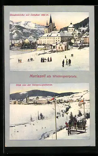 AK Mariazell, Gnadenkirche mit Oetscher, Blick von der Skisprungschanze zum Ort