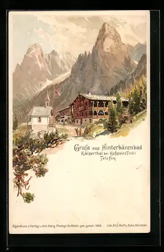 Lithographie Hinterbärenbad bei Kufstein, Hotel Hinterbärenbad im Kaisertal