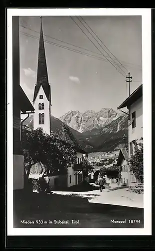 AK Mieders im Stubaital, Strassenpartie mit Kirche