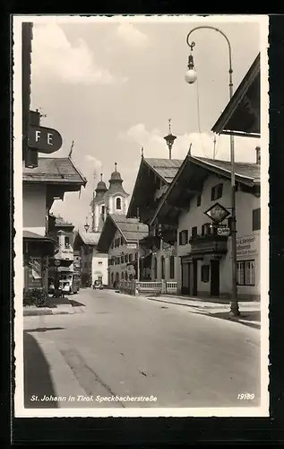 AK St. Johann, Speckbacherstrasse mit Hotel und Geschäften