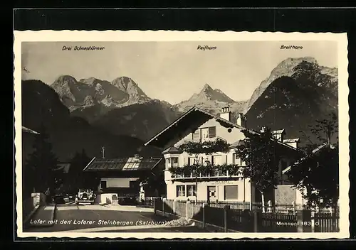 AK Lofer, Strassenpartie mit den Loferer Steinbergen im Hintergrund