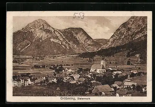 AK Gröbming, Ortsansicht mit Kirche und Alpenmassiv
