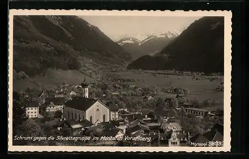 AK Schruns, Ortsansicht gegen die Silvrettagruppe im Montafon