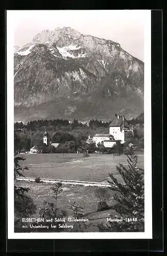 AK Elsbethen, Ortsansicht mit Schloss Goldenstein mit Untersberg