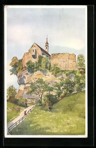 Künstler-AK Bregenz am Bodensee, Blick zum Gebhardsberg mit Kirche