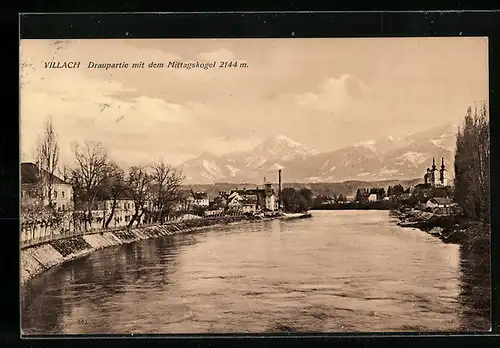 AK Villach, Draupartie mit dem Mittagskogel
