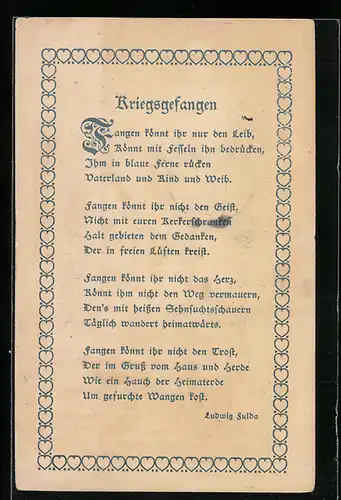 AK Kriegsgefangen, Fangen könnt ihr nur den Leib ..., Gedicht von Ludwig Fulda