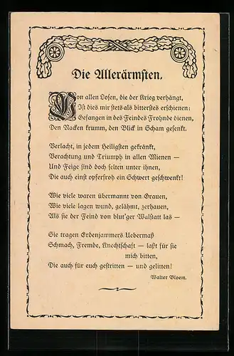 AK Die Allerärmsten, Kriegsgefangene, Gedicht von Walter Bloem