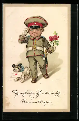 Künstler-AK Kleiner Soldat mit Hund und Rose