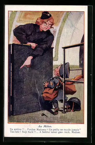 Künstler-AK Au Métro, Kleiner Soldat will U-Bahn fahren, Kinder Kriegspropaganda
