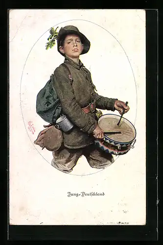 Künstler-AK Jugendlicher in Uniform mit Trommel, Bayer. Landeskomitee f. freiwillige Krankenpflege im Kriege