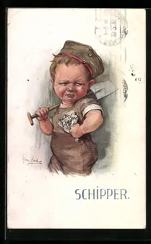 Künstler-AK H. Zahl: Schipper, Kleiner Soldat mit Spaten und einem Zettel