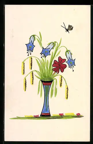 Papierkunst-AK Vase mit Trichterblumen und Schmetterling, Papierkunst