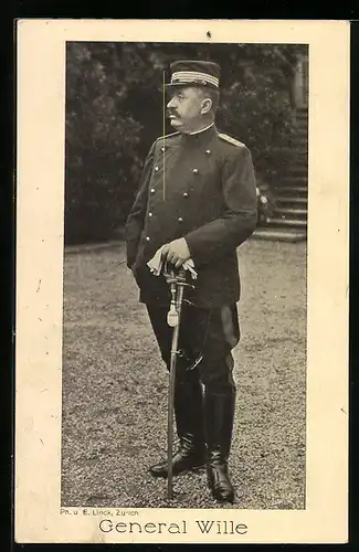 AK Schweizer General Ulrich Wille mit Uniform und Säbel