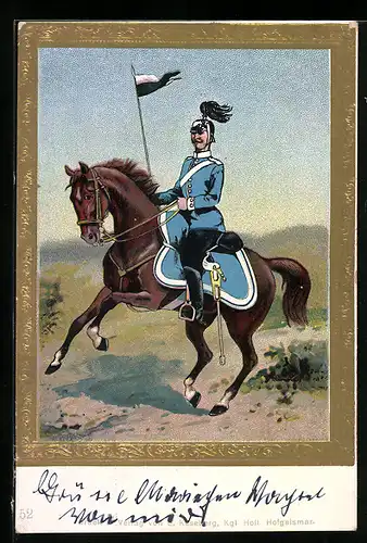 Künstler-AK Soldat der Kavallerie mit Pickelhaube und Rosshaarbusch auf Pferd
