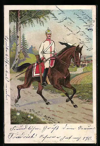 Künstler-AK Ulane mit Pickelhaube zu Pferd, Kavallerie