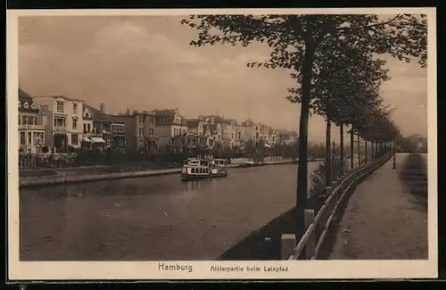 AK Hamburg-Winterhude, Alsterpartie beim Leinpfad, Ausflugsdampfer