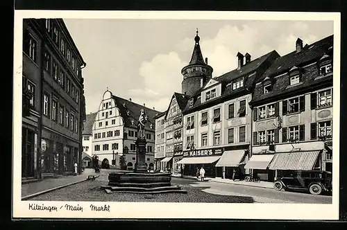 AK Kitzingen, Partie am Markt mit Denkmal und Kaiser`s Kaffee-Geschäft