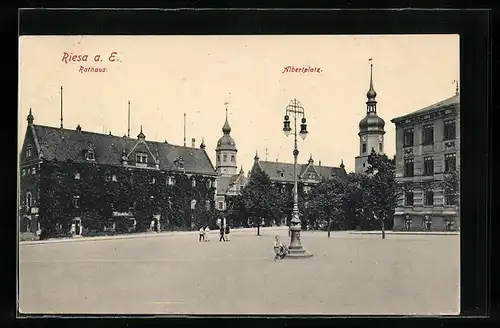 AK Riesa a. E., Rathaus und Albertplatz